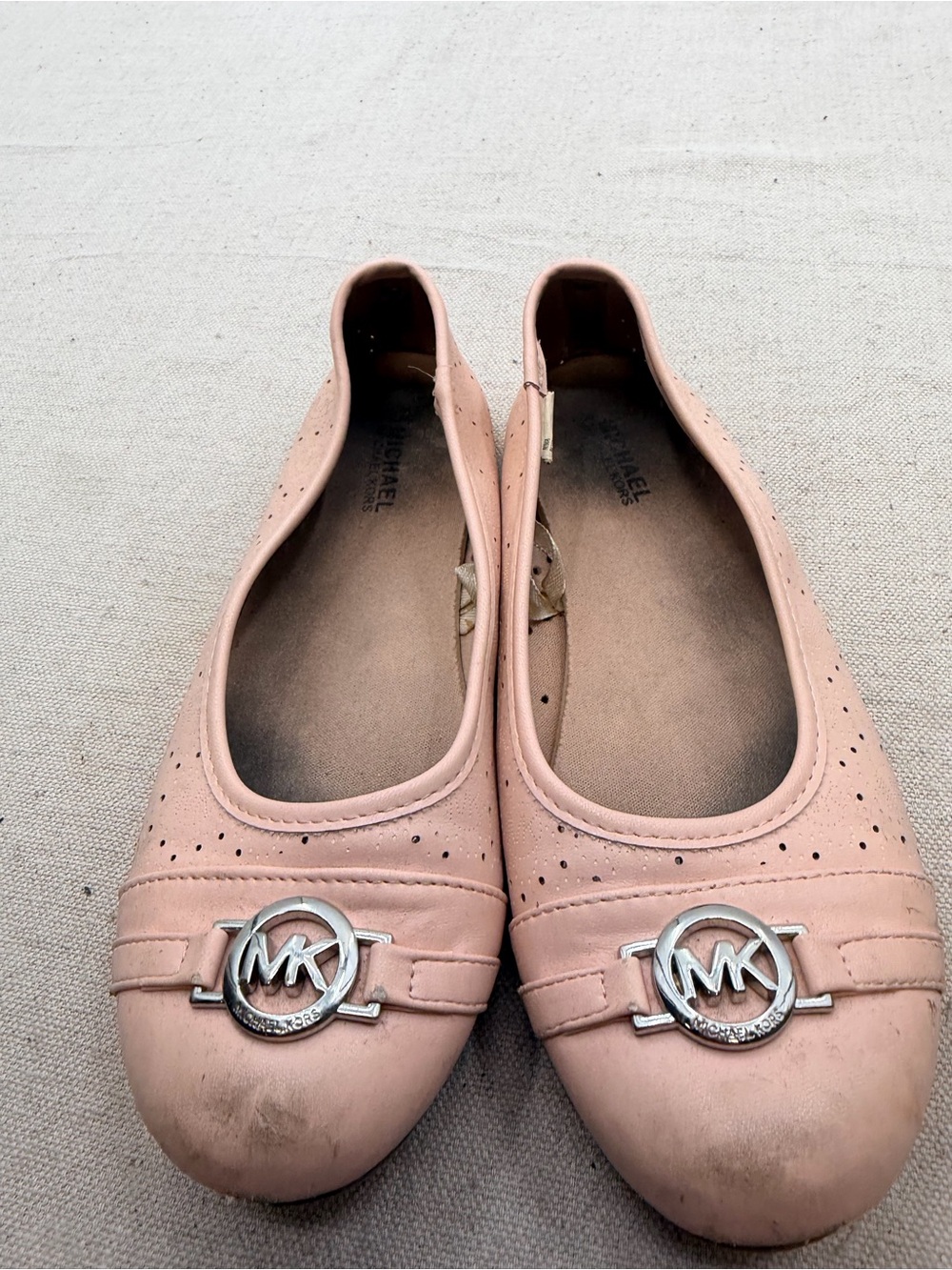 Michael Kors Blush Pink Leather Ballet Flats with Silver MK Emblem